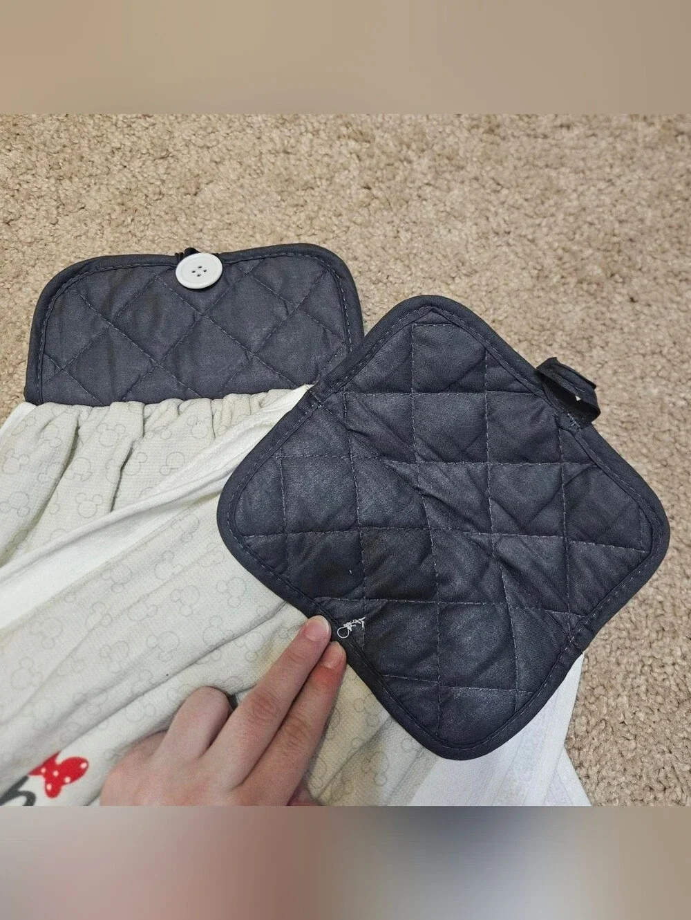2 Handcrafted Potholders Attached To Towels | Grey, Beige, Red, White | Disney